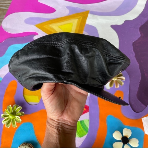 Vintage 60s Leather Newsboy Cap Biker Betty Boop Style Genuine Leather Large - Picture 2 of 8
